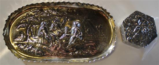 Victorian silver tray, relief-decorated with drinkers & Continental silver hexagonal pin box decorated with lovers